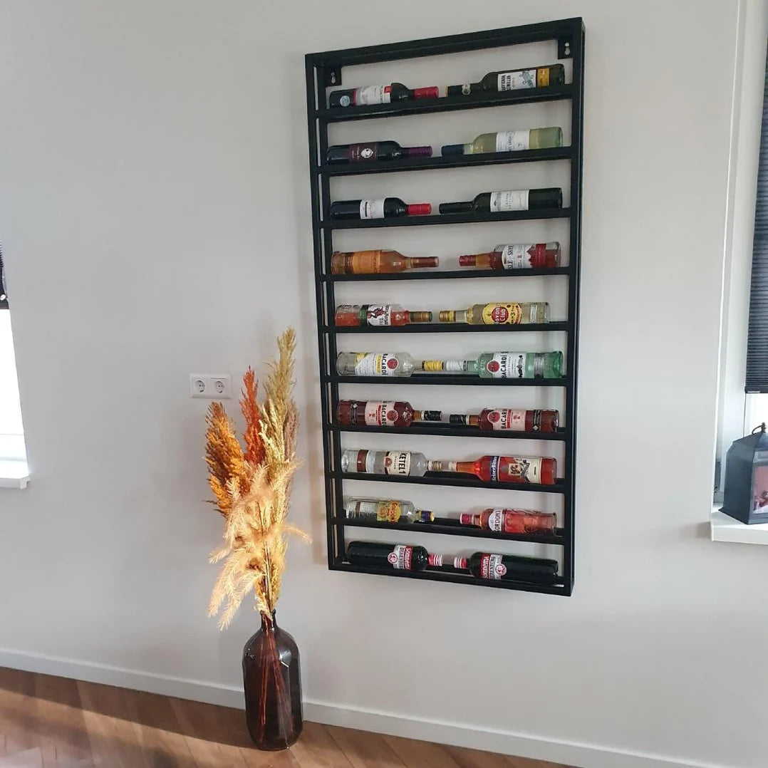 Industrieel Wandwijnrek van Staal – 152 x 75 cm – Zwart