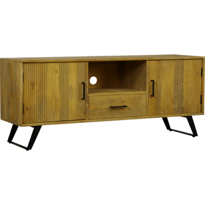 Boyd A mangohout tv kast van 145 cm met 3 deuren en zwart metalen poten, geschikt voor woonkamerinrichting.