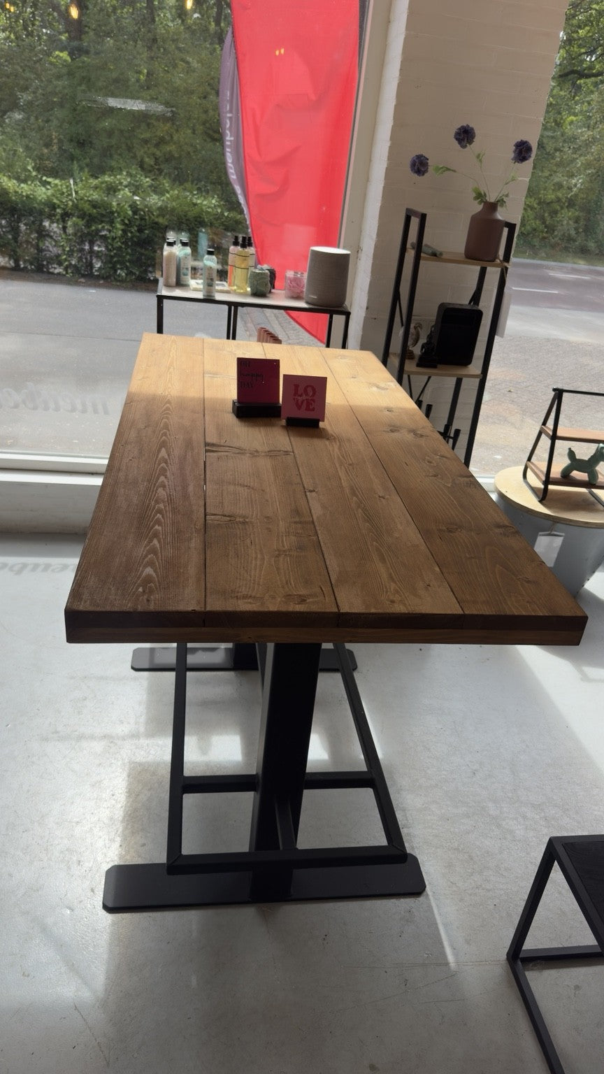 Industriële Bartafel 165 cm – Steigerhouten Blad & Zwart Stalen Onderstel