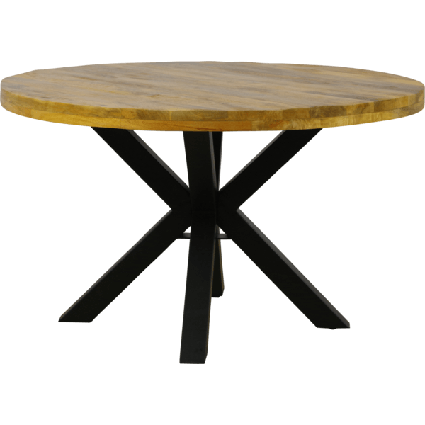 Ronde eetkamer tafel van mangohout met zwart stalen matrixpoot, tafelblad 120 cm dik, rustiek design.